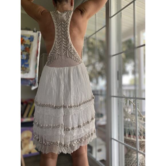 Free People “Twilight” Beaded Mini Dress L Plunge V-Neck Racerback Night Out - Picture 3 of 14